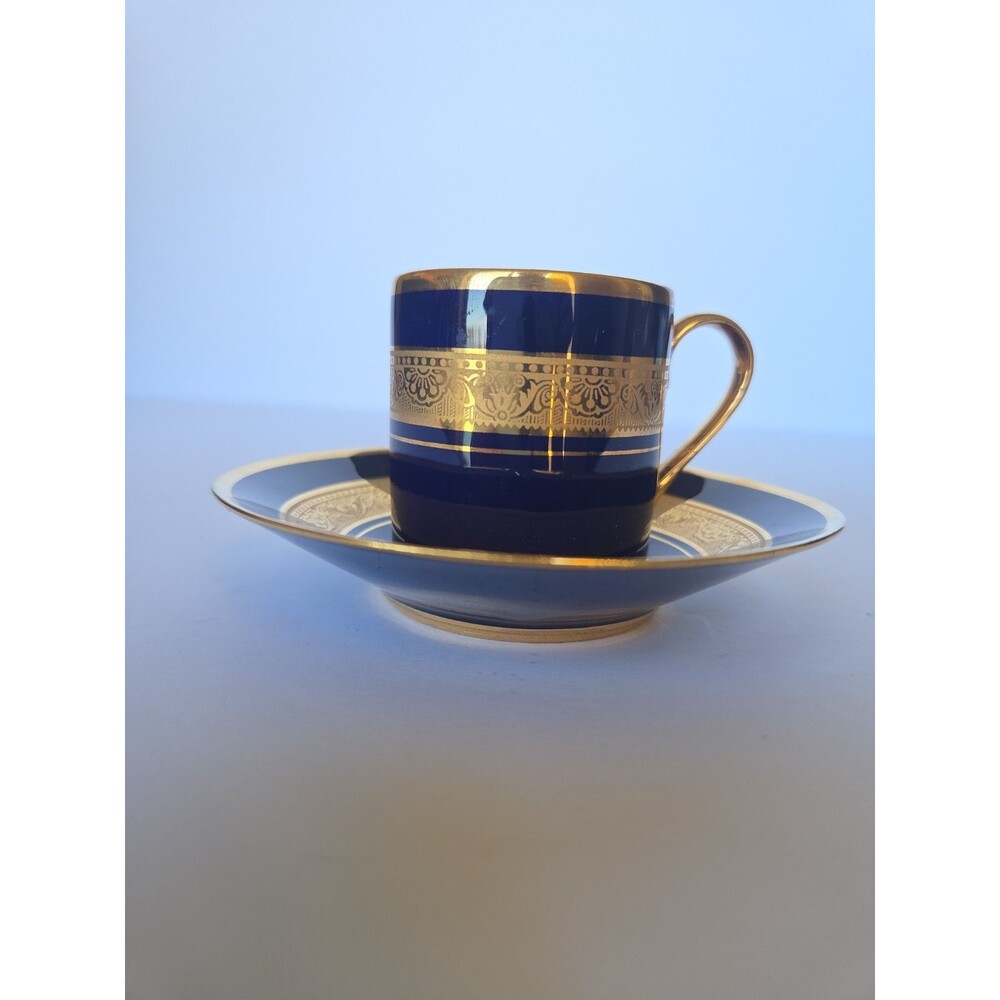 Limoges Legle Porcelaine d'Art Cobalt & Gold Demitasse Cup & Saucer France